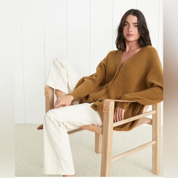 Jenni Kayne 100% Cashmere Ribbed Oversized Cozy Camel Cocoon Cardigan XXS - Picture 1 of 9